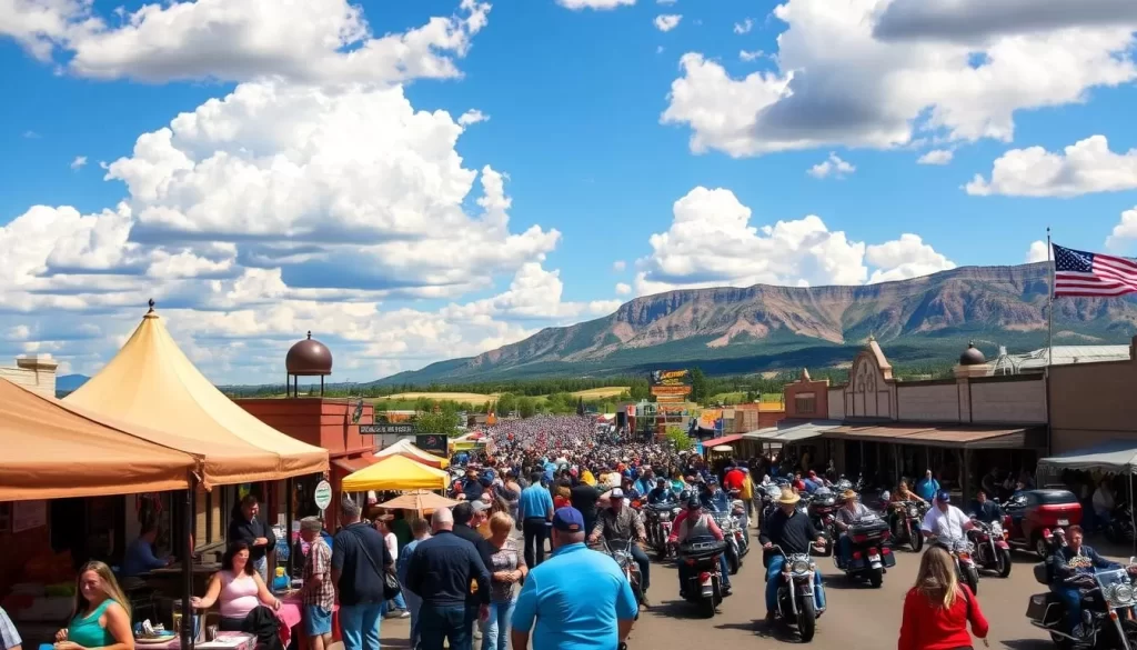 A picturesque summer day in Sturgis, South Dakota, with a vibrant blue sky dotted with fluffy white clouds. In the foreground, a lively outdoor festival buzzes with activity, people enjoying local cuisine and browsing an array of handcrafted wares. In the middle ground, the iconic Sturgis Motorcycle Rally roars to life, a sea of shiny bikes and leather-clad riders. In the background, the majestic Black Hills rise up, their rugged peaks bathed in warm, golden light. The scene radiates a sense of community, adventure, and the embrace of the great outdoors, perfect for a weather-savvy trip to this remarkable destination.