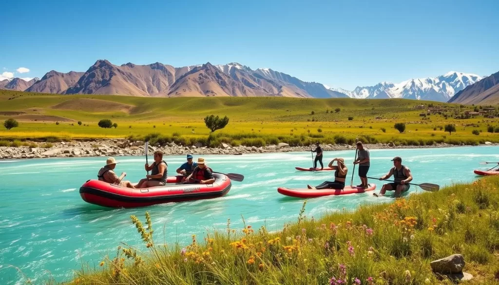 A picturesque summer day in the enchanting Ladakh region, India. In the foreground, a group of adventurous travelers engage in thrilling activities like river rafting, kayaking, and stand-up paddleboarding on the pristine turquoise waters of the Indus River. The middle ground features lush green meadows dotted with colorful wildflowers, and in the background, the majestic Himalayan peaks rise, their snow-capped summits glistening under the warm, golden sunlight. The scene is bathed in a soft, natural lighting that captures the serene and rejuvenating atmosphere of this picturesque destination. Convey the essence of an unforgettable Ladakh summer adventure.