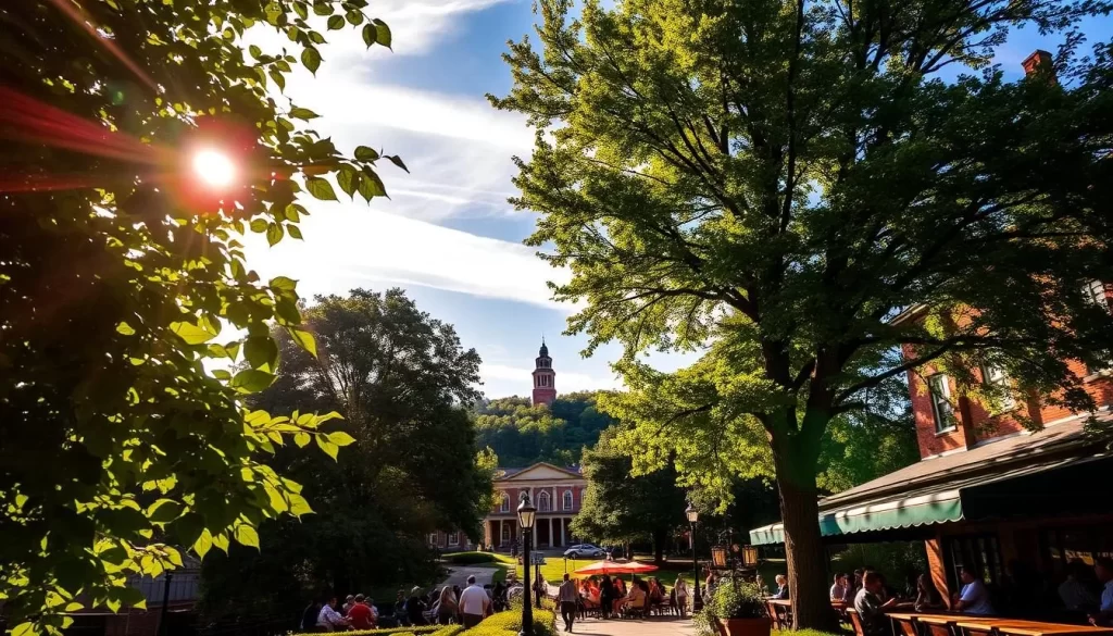 A picturesque summer day in the heart of Charlottesville, Virginia. Lush green foliage frames a serene scene, with the historic architecture of the city visible in the background. Warm sunlight cascades over the landscape, creating a soft, golden glow. In the foreground, a bustling outdoor café bustles with locals and visitors enjoying the temperate weather and lively atmosphere. Wispy clouds drift lazily across a bright, azure sky, while a gentle breeze rustles the leaves of towering trees. The overall mood is one of tranquility and vibrant energy, capturing the essence of a quintessential summer day in this charming Virginia town.