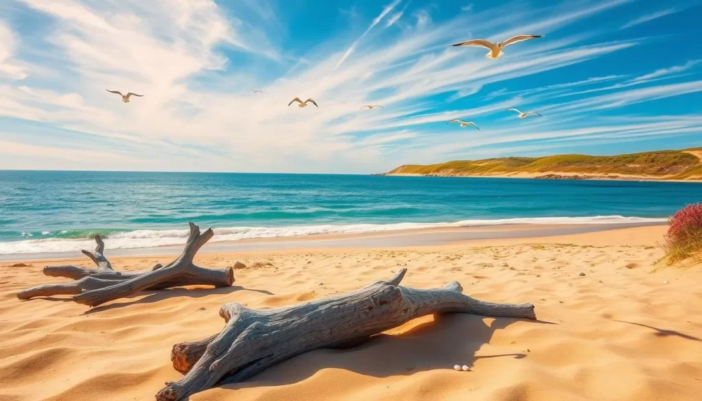 A picturesque summer day on the shores of Block Island, Rhode Island. Smooth, golden sand stretches out before a gently lapping turquoise ocean. Wispy clouds drift across a brilliant azure sky, casting a warm, golden glow over the scene. Weathered driftwood and seashells dot the beach, while in the distance, rolling grassy dunes are dotted with vibrant wildflowers. Seagulls soar overhead, their cries carried on a light, salty breeze. The atmosphere is serene and tranquil, capturing the essence of a tranquil, coastal paradise.