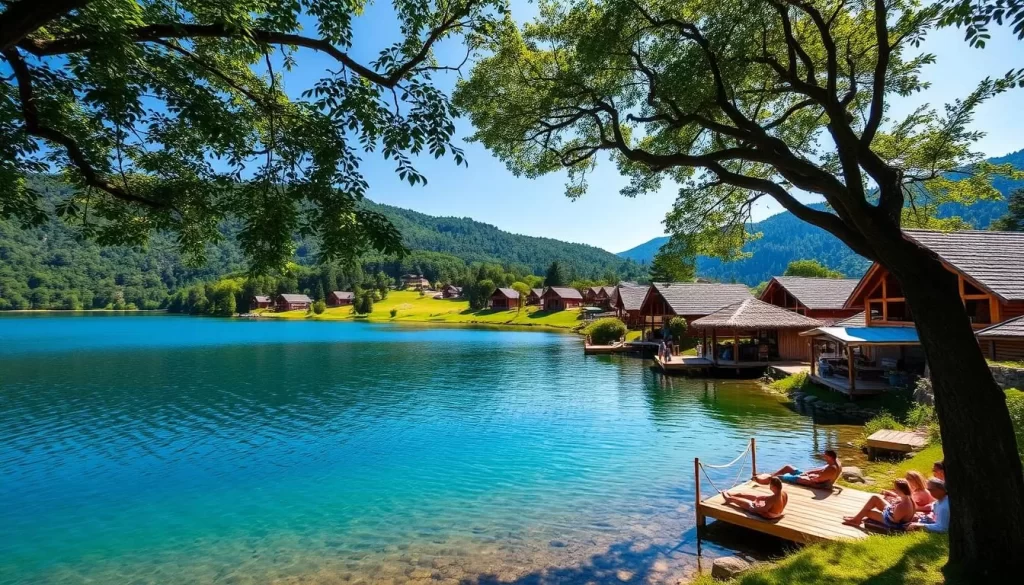 A picturesque summer retreat nestled amidst lush green hills, with a serene lake reflecting the azure sky. Wooden cottages and thatched-roof huts dot the landscape, their warm, earthy tones complementing the natural surroundings. Shady trees provide respite from the gentle sun, their dappled light casting a tranquil ambiance. Guests lounge on the dock, dipping their toes in the cool, clear waters, while others explore the nearby hiking trails, immersed in the sights and sounds of the season. The overall mood is one of relaxation, rejuvenation, and a deep connection with the beauty of the natural world.