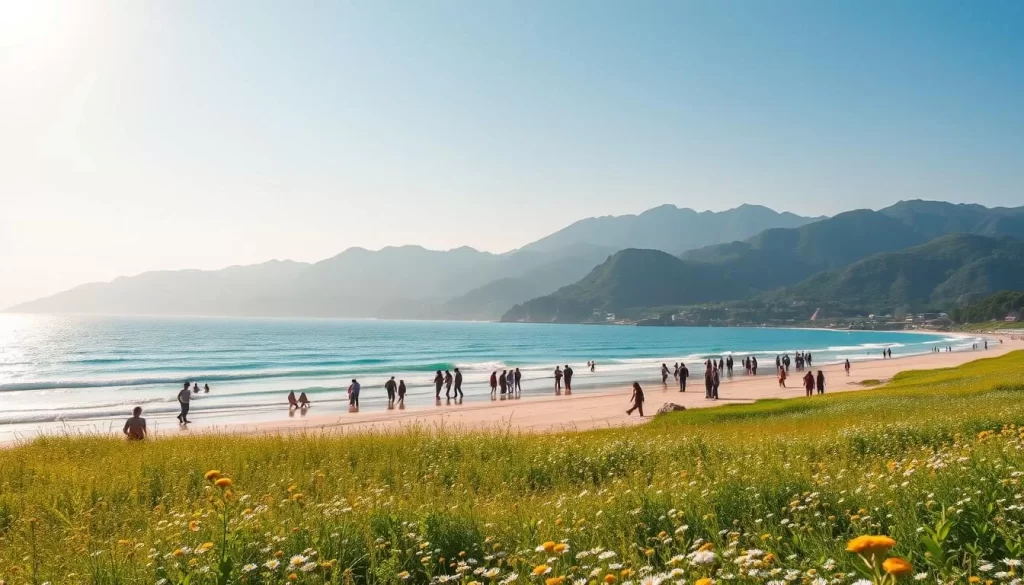 A picturesque summer scene in South Jeolla Province, South Korea. Breezy fields of vibrant green dotted with wildflowers sway beneath a warm, golden sun. In the middle ground, locals and tourists alike gather at a tranquil beach, wading in the gentle, turquoise waves. Towering mountains rise in the distance, their peaks shrouded in a soft, hazy mist. The overall atmosphere is one of serene relaxation, capturing the essence of a weather-savvy summer adventure in this scenic region.