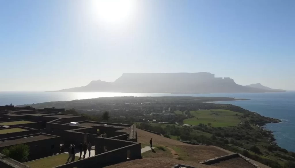 A picturesque tour of Robben Island, South Africa's historic site. The sun casts a warm glow over the serene landscape, illuminating the island's iconic buildings and landmarks. In the foreground, a group of visitors explores the well-preserved prison cells, capturing the island's somber past. The middle ground showcases the lush, verdant gardens and the tranquil shoreline, inviting visitors to immerse themselves in the island's natural beauty. In the distance, the iconic Table Mountain stands tall, providing a majestic backdrop to this breathtaking scene. The image conveys a sense of exploration, education, and reverence for the island's significant role in South Africa's history.
