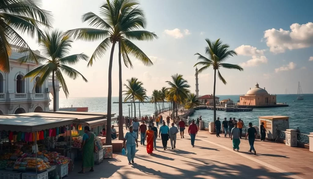 A picturesque town nestled along the azure coastline, Puducherry Union Territory exudes a harmonious blend of French and Indian influences. Capture the serene promenade, lined with colonial-era buildings and swaying palm trees, as sunlight filters through the atmosphere, casting a warm, golden glow. In the foreground, vibrant local vendors offer an array of colorful wares, while in the middle ground, people stroll leisurely, immersed in the rich linguistic tapestry of Tamil, French, and Telugu. The distant horizon is dotted with sailboats, creating a tranquil, maritime ambiance, reflecting the territory's coastal identity. Employ a wide-angle lens to depict the expansive, picturesque scene, conveying the essence of Puducherry's linguistic and cultural diversity.