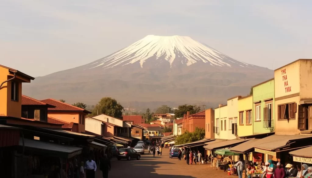 A picturesque town nestled at the base of the iconic Mount Kilimanjaro, Moshi is a captivating African destination. Capture the bustling market square, its vibrant stalls and locals going about their daily lives. In the middle ground, traditional Swahili-style buildings line the streets, their colorful facades reflecting the warm, golden light of the afternoon sun. Towering above, the snow-capped peak of Kilimanjaro dominates the landscape, casting a majestic presence over the scene. The atmosphere is serene and tranquil, inviting the viewer to immerse themselves in the charm and natural beauty of this Tanzanian gateway.