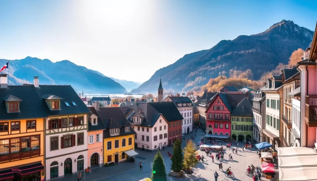 A picturesque town nestled in the rolling hills of Liechtenstein, Schaan is a charming blend of old-world charm and modern vibrancy. Capture the town's vibrant center, with its historic buildings, cobblestone streets, and bustling market square bathed in warm, golden sunlight. In the foreground, focus on the intricate facades of the traditional Liechtenstein architecture, their pastel hues and ornate details inviting closer inspection. In the middle ground, showcase the town's lively pedestrian activity, people strolling, dining, and engaging in local life. Panoramically, frame the landscape, showcasing the majestic mountains that rise up behind the town, creating a picturesque backdrop that embodies the essence of Liechtenstein's natural beauty.