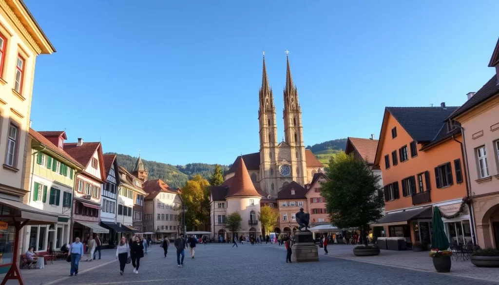 A picturesque town square in Freistadt, Upper Austria, bathed in warm afternoon sunlight. The historic buildings with their charming, colorful facades line the cobblestone streets, creating a timeless, postcard-worthy scene. In the foreground, people leisurely stroll past quaint shops and cafes, while in the middle ground, a magnificent Renaissance-style church stands tall, its ornate spires reaching towards the clear, azure sky. The background is framed by rolling hills and lush greenery, adding a sense of tranquility and natural beauty to the idyllic setting. The overall atmosphere evokes a feeling of serene, Old-World charm, inviting the viewer to step into this delightful, hidden gem of a town.