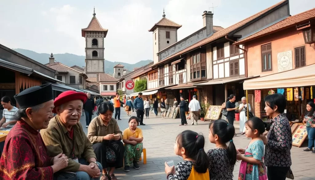 A picturesque town square in Yilan County, Taiwan, where citizens engage in vibrant language preservation efforts. In the foreground, a group of elders teach traditional Atayal language and culture to eager children, their faces animated as they converse. In the middle ground, locals browse stalls selling indigenous crafts and artworks, the warm afternoon sun casting a soft glow. In the background, the town's historic architecture stands as a testament to the region's diverse heritage, a tower with traditional roof tiles overlooking the scene. The atmosphere is one of community, tradition, and a steadfast commitment to safeguarding linguistic diversity.