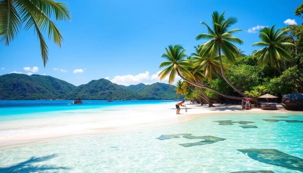 A picturesque tropical beach on the idyllic island of Koh Tao, Thailand. Pristine white sand stretches out under a bright, sunny sky, with lush palm trees swaying in the gentle breeze. Turquoise waters of the Gulf of Thailand lap at the shore, inviting swimmers and snorkelers to explore the vibrant coral reefs teeming with marine life. In the distance, rugged, jungle-clad hills rise up, creating a stunning natural backdrop. A peaceful, tranquil scene, perfectly capturing the essence of a must-visit beach destination on this stunning Thai island.