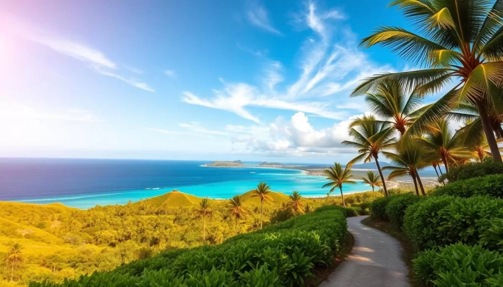 A picturesque tropical landscape on the island of Guam, bathed in warm, golden sunlight. A panoramic view of verdant, rolling hills dotted with lush palm trees, leading to a pristine, turquoise-hued ocean. Wispy white clouds drift across a vibrant blue sky, creating a sense of tranquility and calm. In the foreground, a gently winding path meanders through the verdant foliage, inviting the viewer to explore the island's natural beauty. The overall scene conveys the idyllic, weather-friendly climate of Guam, with an emphasis on its stunning natural scenery.