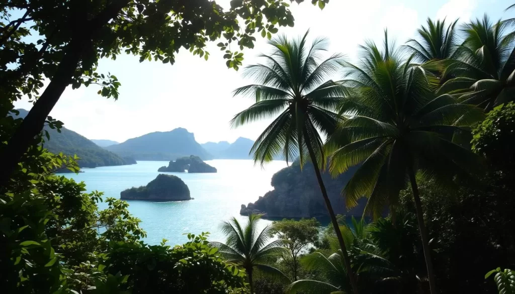 A picturesque tropical landscape with lush, verdant foliage and towering palm trees. In the foreground, a serene, sparkling turquoise bay with gentle, lapping waves. Sunlight filters through the canopy, casting a warm, golden glow across the scene. In the distance, rolling hills and dramatic rocky outcroppings frame the view, creating a sense of depth and natural wonder. The atmosphere is peaceful and tranquil, inviting visitors to explore and immerse themselves in the natural beauty of Tunku Abdul Rahman Park, Malaysia.