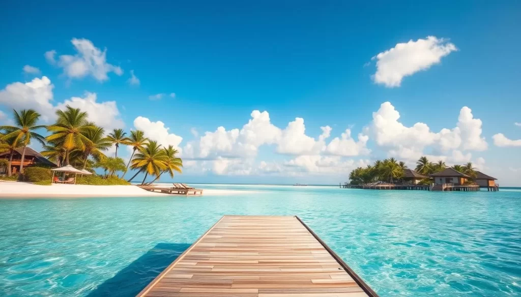 A picturesque tropical scene in the Maldives during the ideal weather season. Crystal-clear turquoise waters lap gently against white sandy beaches, fringed by swaying palm trees. Fluffy cumulus clouds dot a bright azure sky, diffusing warm sunlight over the idyllic island landscape. In the foreground, a wooden jetty extends into the tranquil lagoon, inviting visitors to bask in the serene atmosphere. The overall mood is one of relaxation and natural beauty, capturing the essence of the Maldives as a premier weather-savvy destination.