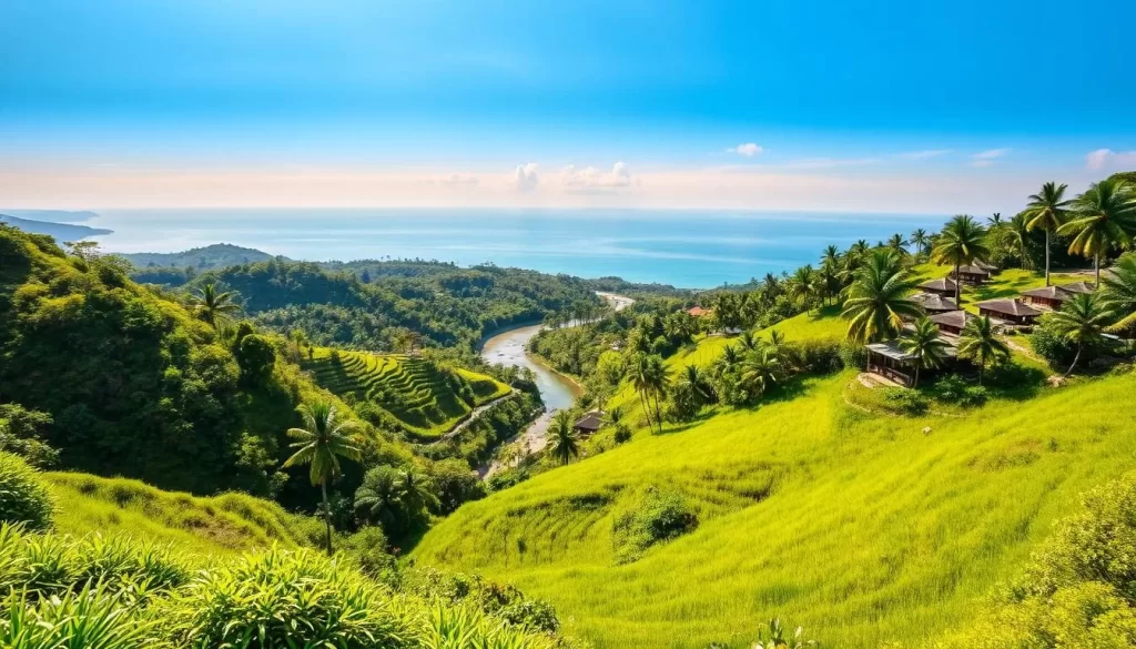 A picturesque view of Bali's lush tropical landscape, with rolling hills and verdant rice terraces sprawling in the foreground. In the middle ground, a winding river snakes through the valley, flanked by swaying palm trees and traditional thatched-roof buildings. In the distance, the serene azure waters of the Bali Sea stretch out to the horizon, with a gentle haze of clouds casting a warm, golden glow across the scene. The lighting is soft and diffused, creating a serene and tranquil atmosphere. Captured with a wide-angle lens to convey the breadth and grandeur of the island's natural beauty.