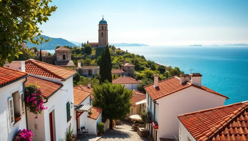 A picturesque view of Burgazada Island, Turkey, on a beautiful sunny day. In the foreground, charming whitewashed houses with red-tiled roofs line the quaint cobblestone streets, their facades adorned with potted plants and bougainvillea. In the middle ground, a lush, verdant hillside rises, dotted with cypress trees and old stone walls. At the top, a historic church tower stands tall, its domed roof glinting in the warm sunlight. In the background, the sparkling azure waters of the Marmara Sea stretch out, with the distant silhouettes of other Princes' Islands visible on the horizon. The scene exudes a tranquil, Mediterranean atmosphere, inviting the viewer to stroll through the island's enchanting streets.