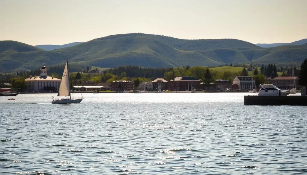 A picturesque view of Burlington's waterfront, with the shimmering waters of Lake Champlain in the foreground. In the middle ground, sailboats and kayaks gently glide across the calm surface, while the iconic Church Street Marketplace and historic buildings line the shore. In the background, the rolling green hills of Vermont's countryside rise up, creating a serene and tranquil atmosphere. The scene is bathed in warm, golden sunlight, casting a soft glow over the entire landscape. A lens with a wide aperture captures the depth and detail, ensuring a sharp, crisp image that showcases the charm and natural beauty of Burlington's waterfront.
