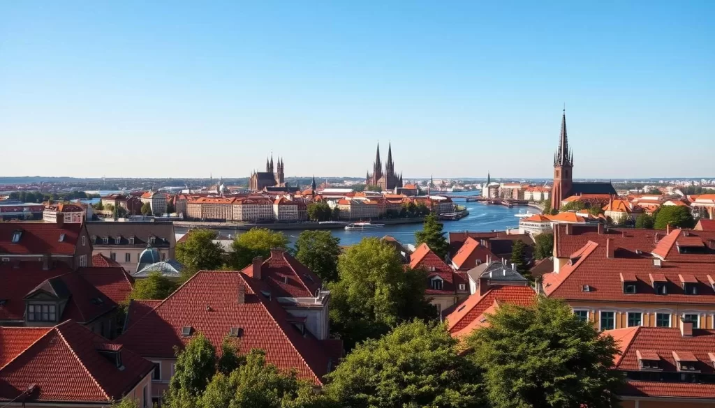 A picturesque view of Gdańsk from the lush, verdant Gradowa Hill. In the foreground, the historic buildings of the city's Old Town, with their distinct red-tiled roofs and ornate facades, stand tall against a clear, azure sky. In the middle ground, the Motława River winds its way through the cityscape, its calm waters reflecting the surrounding architecture. In the distance, the iconic spires and towers of Gdańsk Cathedral and other landmarks pierce the horizon, creating a stunning silhouette. The scene is bathed in warm, golden light, evoking a sense of tranquility and timelessness. Capture the hidden charm and natural beauty of this picturesque Polish city.