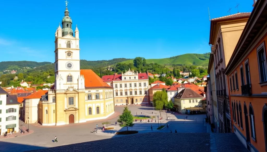 A picturesque view of Graz's historic city center, with the iconic Graz Cathedral and Clock Tower prominently featured in the foreground. The cathedral's ornate façade and twin towers stand tall against a clear blue sky, casting soft shadows on the surrounding cobblestone streets. In the middle ground, the striking Landhaus building, a Renaissance-style palace, adds to the architectural grandeur of the scene. In the background, the rolling green hills of the Schlossberg provide a serene backdrop, with the occasional glimpse of the city's charming old town houses and narrow alleyways. The overall atmosphere is one of timeless elegance and historic charm, inviting the viewer to explore the rich cultural heritage of Graz.