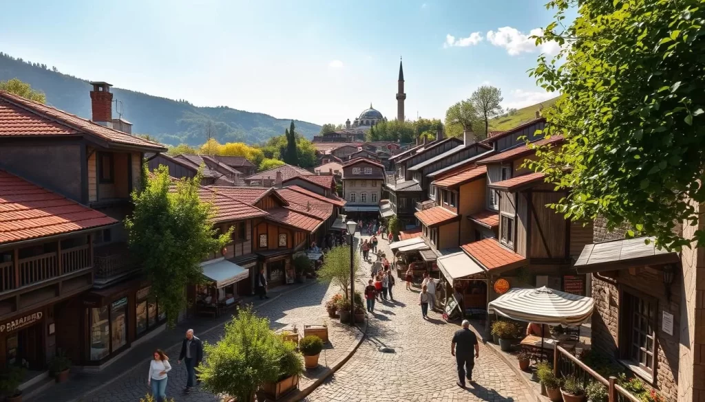 A picturesque view of Safranbolu's historic old town nestled in the rolling hills of Turkey. Cobblestone streets wind through a tapestry of charming Ottoman-era houses with wooden facades and red-tiled roofs. Warm sunlight filters through lush greenery, casting a gentle glow over the scene. In the foreground, residents go about their daily lives, strolling past quaint shops and cafés. The middle ground features the iconic marketplace, bustling with activity. In the distance, the silhouette of a historic mosque's minaret rises against a brilliant blue sky. Capture the timeless allure and enchanting atmosphere of this picturesque Turkish town.