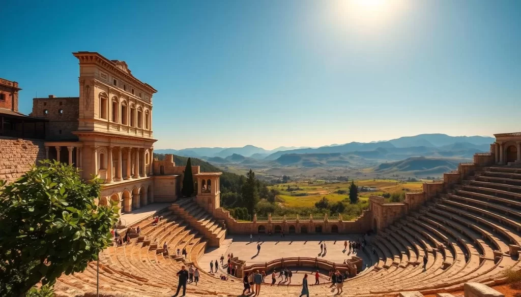 A picturesque view of the Great Theater of Hierapolis, a well-preserved ancient Roman amphitheater nestled in the lush, verdant landscape of Pamukkale, Turkey. The theater's intricate stone facade stands tall, its tiered seating overlooking a stunning backdrop of rolling hills and a clear blue sky. Warm, golden sunlight bathes the scene, casting soft shadows and highlighting the theater's ornate architectural details. In the foreground, a small group of visitors stroll among the ruins, providing a sense of scale and human presence. The overall atmosphere is one of serene contemplation, inviting the viewer to imagine the theater's vibrant past as a hub of cultural and social activity.