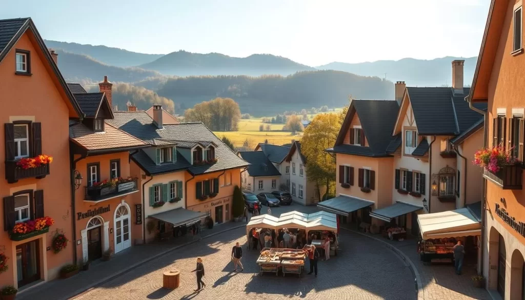 A picturesque village center in Ruggell, Liechtenstein, bathed in warm, golden afternoon sunlight. Quaint, historic buildings line the cobblestone streets, their charming facades adorned with colorful window boxes and flower-laden window sills. A central plaza hosts a lively marketplace, with local vendors selling fresh produce, traditional crafts, and baked goods. In the background, the rolling hills of the Liechtenstein countryside provide a serene, pastoral backdrop. The scene exudes a sense of tranquility and timeless, old-world character, inviting visitors to explore the heart of this charming alpine village.