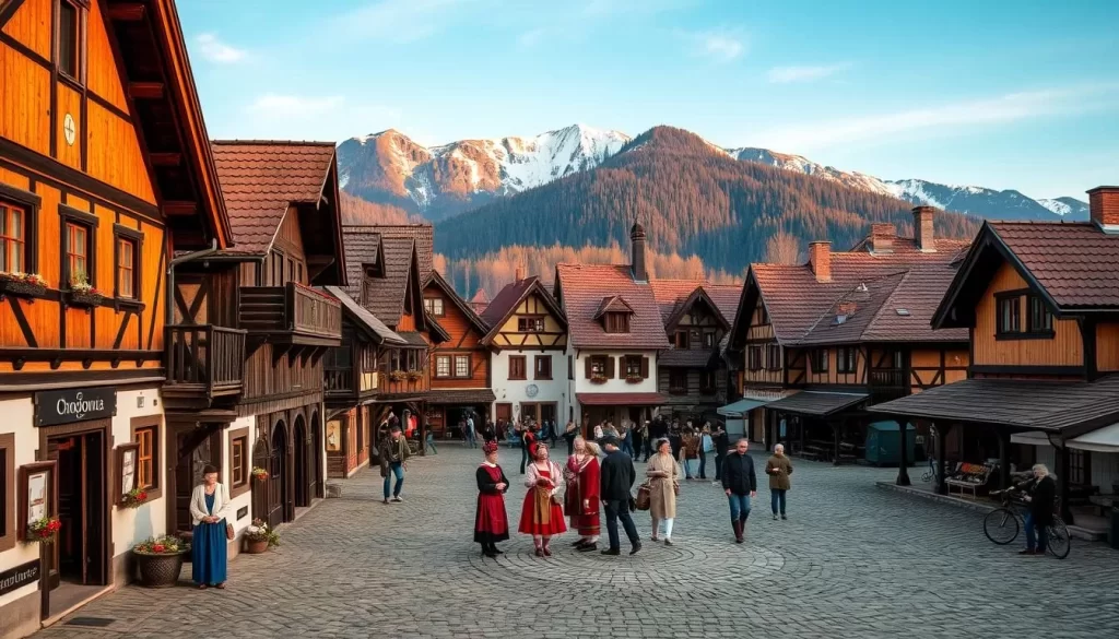 A picturesque village nestled in the Tatra Mountains, Chochołów stands as a testament to Poland's rich cultural heritage. In the foreground, traditional wooden houses with distinctive peaked roofs and colorful facades line the cobblestone streets, their intricate carvings and decorations reflecting the local artistry. In the middle ground, villagers in traditional attire gather around a central square, engaging in lively conversations and showcasing their time-honored crafts. The background features the majestic Tatra peaks, their snow-capped summits bathed in the warm glow of the afternoon sun, creating a serene and picturesque landscape. The scene is illuminated by natural lighting, capturing the essence of Chochołów's history and the enduring spirit of its people.