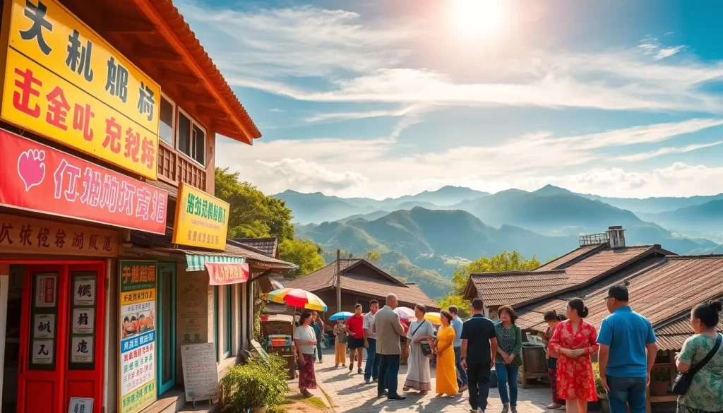 A picturesque village nestled in the lush hills of Pingtung County, Taiwan, where the linguistic diversity of the region is on full display. In the foreground, colorful storefronts feature signage in Mandarin, Taiwanese, and indigenous languages, reflecting the rich cultural tapestry. In the middle ground, people of various ethnicities converse animatedly, their vibrant traditional attire adding to the scene's vibrancy. The background showcases the county's stunning natural beauty, with rolling mountains and a clear blue sky overhead, illuminated by warm, golden sunlight. This serene yet lively tableau captures the essence of Pingtung's linguistic landscape - a harmonious blend of traditions and modernity.