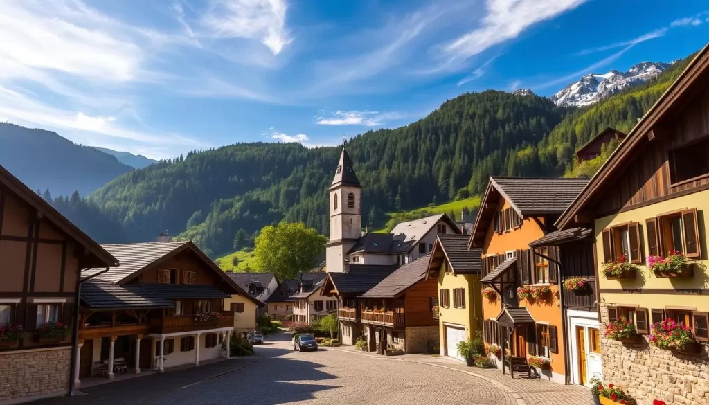 A picturesque village nestled in the rolling hills of Liechtenstein, Nendeln showcases the charm of traditional Alpine architecture. In the foreground, quaint cobblestone streets wind between rows of colorful, gabled houses, their wooden shutters and flower-filled window boxes exuding a sense of cozy tranquility. The middle ground reveals a modest church steeple piercing the azure sky, its bell tower a beacon for the tight-knit community. In the background, lush, verdant forests climb the surrounding mountainsides, their majestic peaks dusted with a light layer of snow. Warm sunlight filters through wispy clouds, casting a soft, golden glow over the entire scene and evoking a feeling of peaceful serenity.