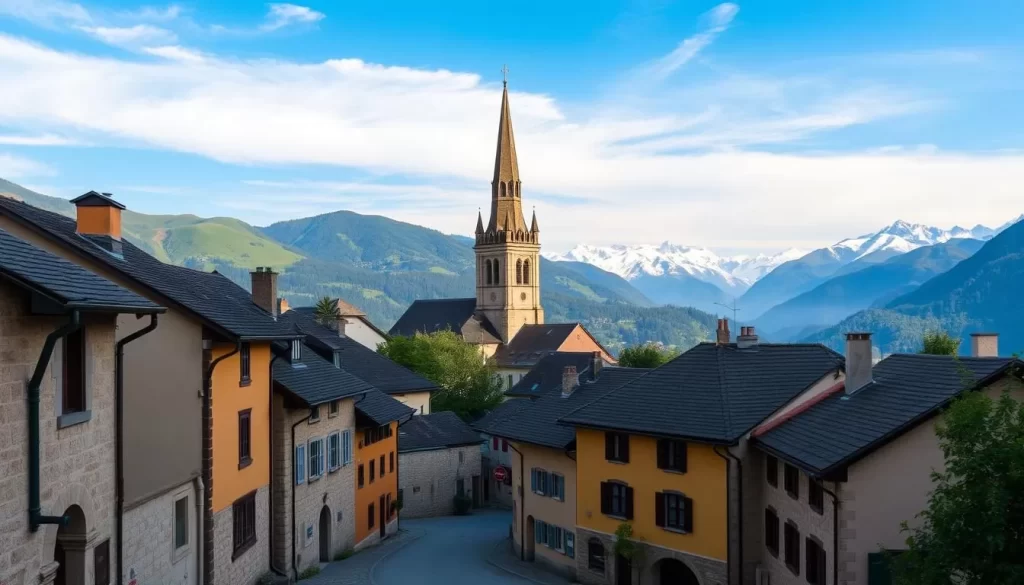 A picturesque village nestled in the rolling hills of Liechtenstein, Schellenberg's historic charm unfolds before the viewer. In the foreground, narrow cobblestone streets wind past quaint medieval buildings, their warm stone facades glowing in the soft, natural light. In the middle ground, a towering church steeple rises above the rooftops, its ornate architecture a testament to the region's storied past. The background is dominated by lush, verdant hills and snow-capped peaks, creating a breathtaking alpine panorama. The scene exudes a sense of timelessness and tranquility, inviting the viewer to step into this hidden gem and discover the rich history and natural beauty of Schellenberg, Liechtenstein.