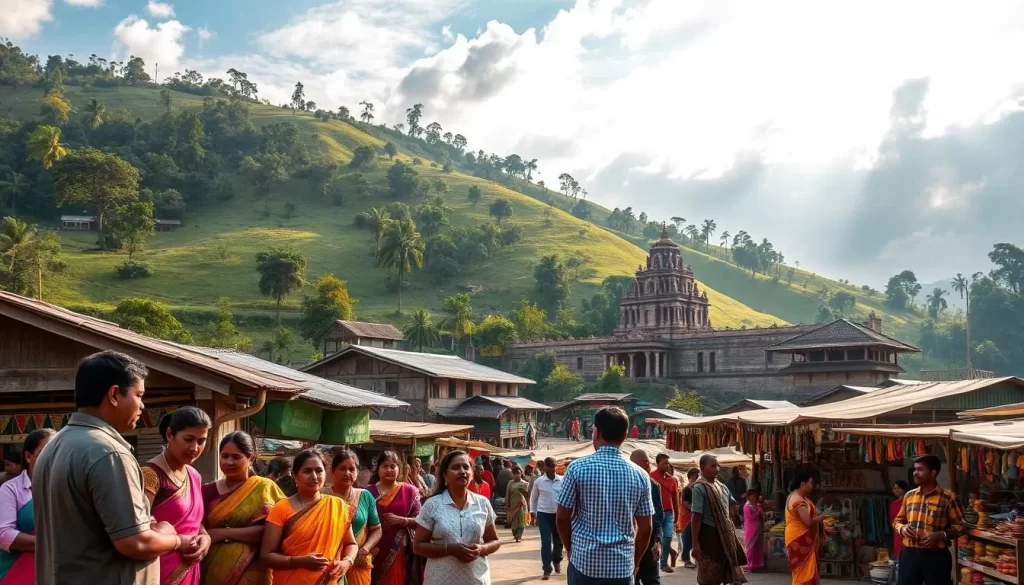 A picturesque village nestled in the rolling hills of Meghalaya, India. In the foreground, a group of diverse locals engaged in lively conversation, their vibrant traditional attire a striking contrast against the lush, verdant backdrop. In the middle ground, a bustling outdoor market teeming with stalls displaying an array of local handicrafts, handwoven textiles, and fragrant spices. In the distance, a grand, centuries-old structure stands tall, its ornate architecture a testament to the region's rich cultural heritage. Warm, golden sunlight filters through wispy clouds, casting a soft, serene glow over the entire scene. The atmosphere is one of vibrant community, the preservation of ancient traditions, and the enduring spirit of Meghalaya's people.
