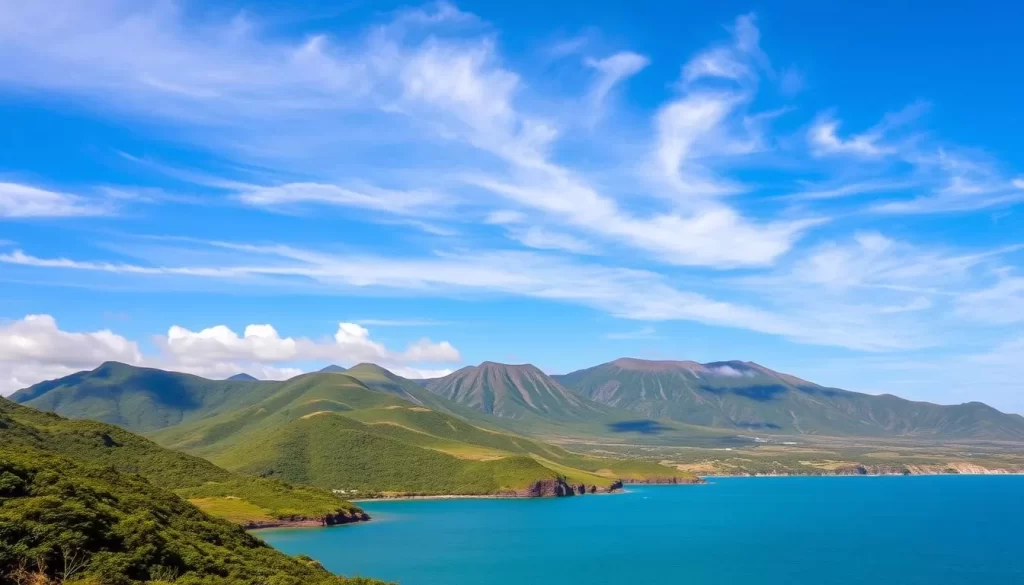 A picturesque vista of Jeju Island on a pleasant day. In the foreground, lush green hills and a placid, turquoise ocean stretch out invitingly. Wispy clouds float across a bright, azure sky, casting gentle shadows upon the landscape below. Towering volcanic peaks rise in the middle distance, their rocky slopes etched in hues of gray and brown. The scene is illuminated by warm, golden sunlight, creating a serene and welcoming atmosphere. The overall composition captures the tranquil, idyllic nature of Jeju Island's weather and scenery, perfectly suited to showcase the island's allure as a prime travel destination.