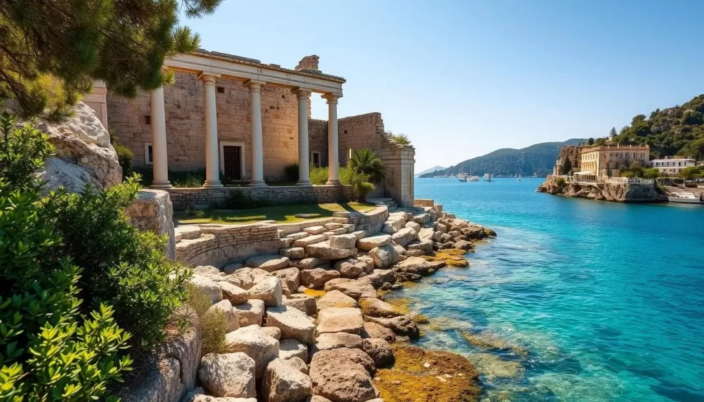 A picturesque vista of Kekova Island's ancient ruins, bathed in warm Mediterranean sunlight. Sunlight dances across the weathered stone, casting intricate shadows that accentuate the timeless architecture. Moss-covered columns and crumbling walls hint at the island's storied past, inviting exploration. In the foreground, crystal-clear turquoise waters gently lap at the rocky shore, creating a serene and tranquil atmosphere. Lush, verdant vegetation frames the scene, adding depth and natural beauty. Capture the essence of this hidden gem, where the ruins of a bygone era coexist with the breathtaking natural splendor of the Turkish coastline.