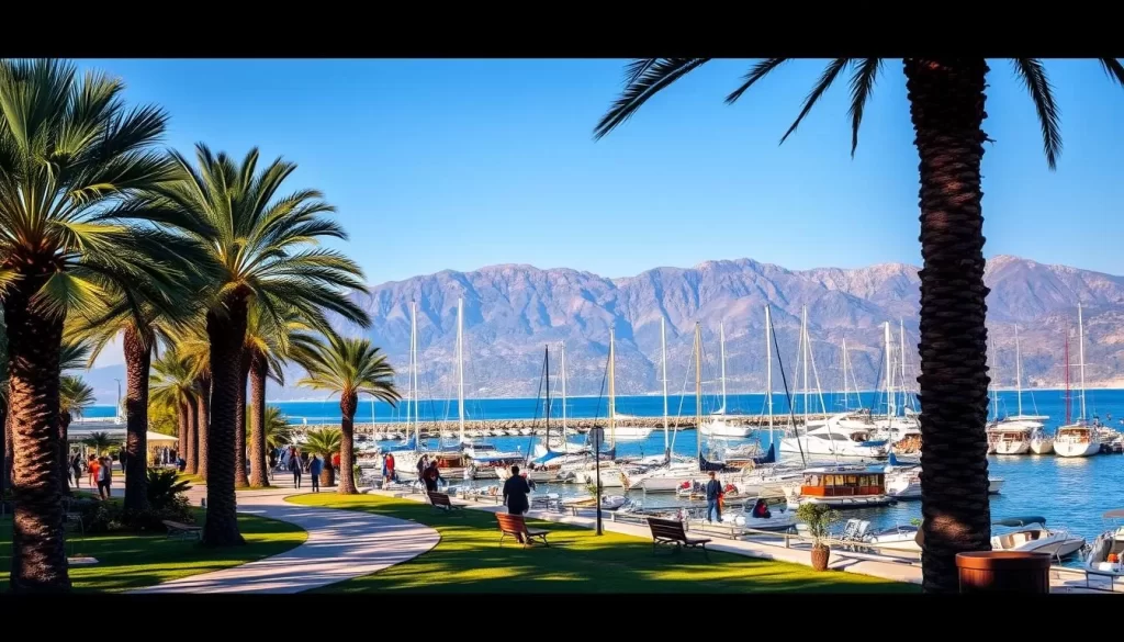 A picturesque waterfront promenade in Fethiye, Turkey, bathed in warm sunlight. In the foreground, a winding path lined with palm trees and benches invites visitors to stroll and take in the scenic views. The middle ground features a bustling marina, with sailboats and yachts gently rocking in the azure waters. In the background, the dramatic Taurus Mountains rise, their rugged peaks contrasting with the serene, calm atmosphere. The scene exudes a sense of relaxation and tranquility, perfectly capturing the essence of Fethiye's vibrant waterfront.