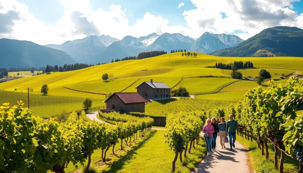 A picturesque wine tour in the rolling hills of Liechtenstein. Lush vineyards stretch across the verdant landscape, their vines heavy with ripe grapes. Warm sunlight filters through the fluffy white clouds, casting a golden glow over the scene. In the foreground, a group of visitors stroll along a winding path, pausing to admire the stunning views and sample the local vintages. In the middle ground, a charming winery stands, its rustic stone walls and terracotta roof tiles blending seamlessly with the countryside. The background features the majestic peaks of the Rätikon mountain range, their snow-capped summits reaching towards the azure sky. The atmosphere is one of tranquility and relaxation, inviting the viewer to imagine the delightful flavors and aromas of the Liechtensteiner wine experience.