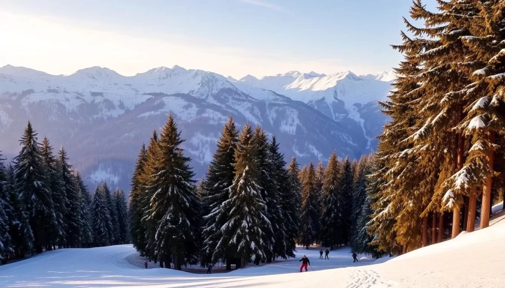 A picturesque winter day on the slopes of Balzers, Liechtenstein. A breathtaking mountain landscape with snow-capped peaks in the distance, bathed in warm, golden sunlight. In the foreground, a groomed ski run winds through a forest of towering evergreens, their branches heavy with fresh snow. Skiers and snowboarders carve graceful turns, their colorful gear contrasting against the pristine white landscape. The scene exudes a serene, peaceful atmosphere, inviting visitors to immerse themselves in the beauty of the Balzers winter wonderland.