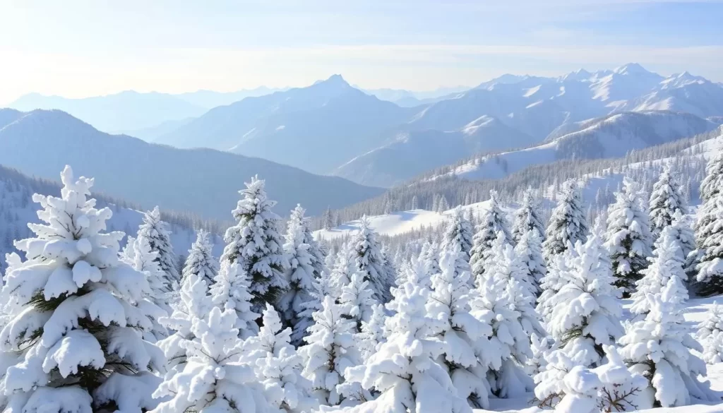 A picturesque winter landscape in Auli, Uttarakhand, India. The foreground features a blanket of pristine snow-covered coniferous trees, glistening in the soft, diffused sunlight. In the middle ground, rolling hills and mountains are adorned with a fresh layer of snow, creating a serene and tranquil atmosphere. The background showcases the majestic Himalayan peaks, their snow-capped summits reaching towards the sky. The scene conveys a sense of peace and stillness, perfect for enjoying the best time to visit Auli during the winter season.