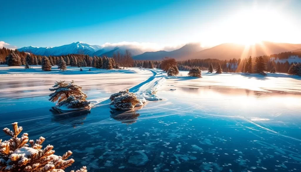 A picturesque winter landscape in Himachal Pradesh, India, with snow-capped mountains in the background. In the foreground, a frozen lake reflects the clear blue sky, its surface dotted with intricate ice patterns. Clusters of pine trees line the shores, their needles dusted with a fine layer of pristine white snow. The warm, golden sunlight filters through the clouds, casting a soft, ethereal glow over the scene. In the middle ground, a winding path leads through the serene, snow-blanketed landscape, inviting the viewer to step into this peaceful, wintry wonderland. The overall mood is one of tranquility, wonder, and the natural beauty of the Himalayan region.