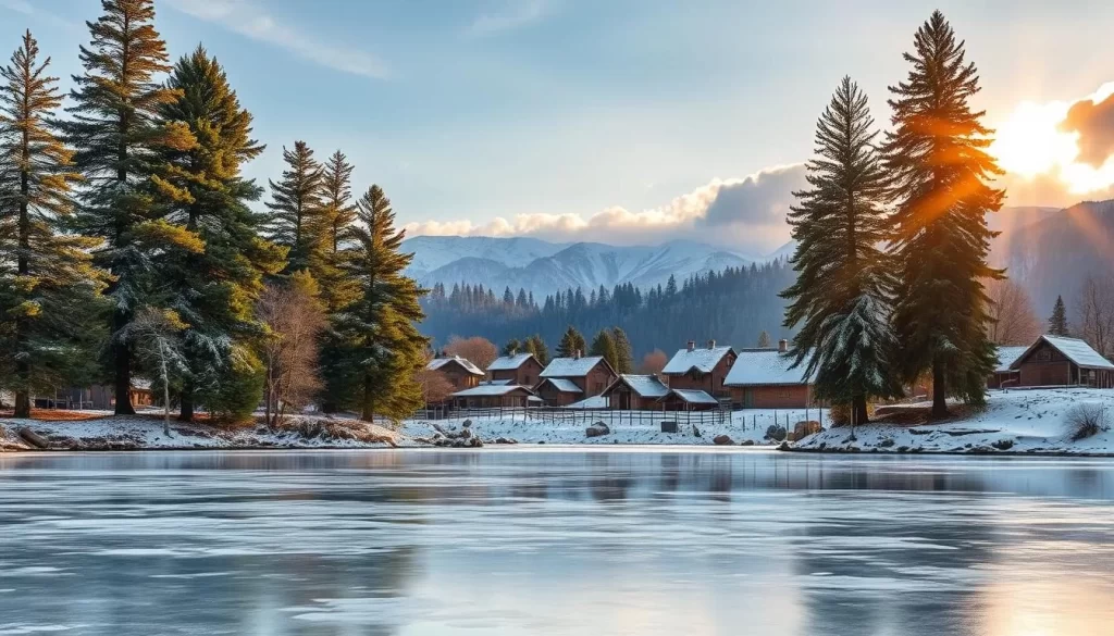 A picturesque winter landscape in Jharkhand, India. In the foreground, a frozen lake reflects the clear sky and snow-capped mountains in the distance. Tall, evergreen pine trees line the shore, their branches heavy with fresh snow. The mid-ground features a quaint village, its traditional mud-brick houses and thatched roofs dusted with a soft, white blanket. Warm, golden light filters through the clouds, casting a magical glow over the entire scene. A sense of tranquility and wonder pervades the air, inviting the viewer to experience the beauty of Jharkhand's winter wonderland.