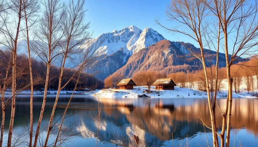 A picturesque winter landscape in Meghalaya, India, bathed in soft, golden light. In the foreground, a tranquil lake reflects the surrounding snow-capped peaks, their rugged beauty accentuated by the crisp, clear air. Birch trees with delicate bare branches sway gently in the gentle breeze, creating a serene and peaceful atmosphere. In the middle ground, quaint cottages with thatched roofs nestle amidst a dusting of fresh snow, hinting at the cozy comforts within. The background is dominated by a majestic mountain range, its jagged silhouette etched against a breathtaking azure sky. The overall scene evokes a sense of winter's quiet charm and the captivating natural beauty of this enchanting region.