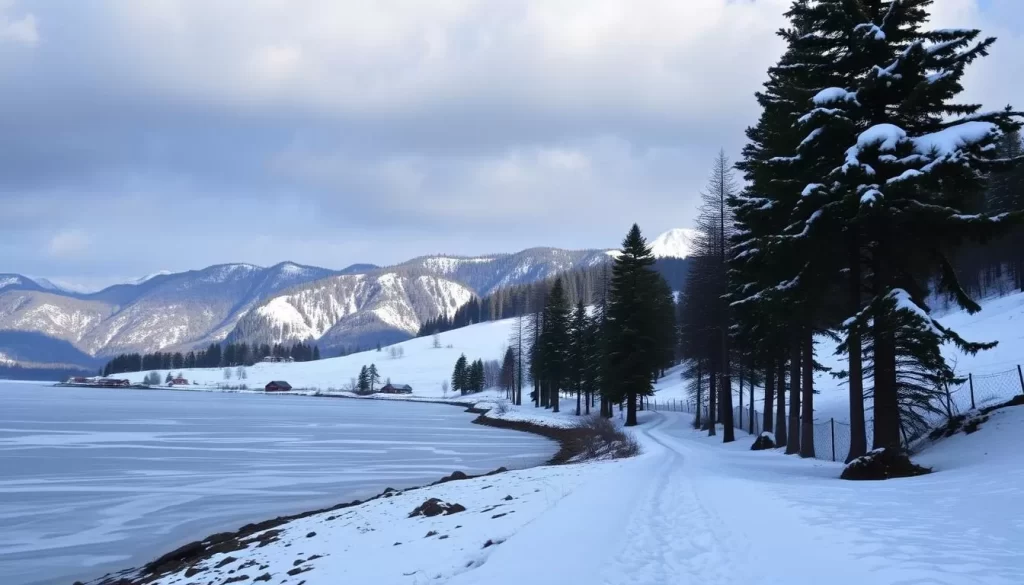 A picturesque winter landscape in Nagaland, India. A tranquil scene under a soft, diffused light. In the foreground, a frozen lake reflects the snow-capped mountains in the distance. Tall pine trees line the shore, their branches heavy with fresh snowfall. The middle ground features a winding path through a snowy meadow, leading towards a small, quaint village nestled between the hills. The background is dominated by a dramatic, cloudy sky, hinting at the crisp, cold air. The overall atmosphere is one of serene, pristine beauty, perfectly capturing the essence of a Nagaland winter.