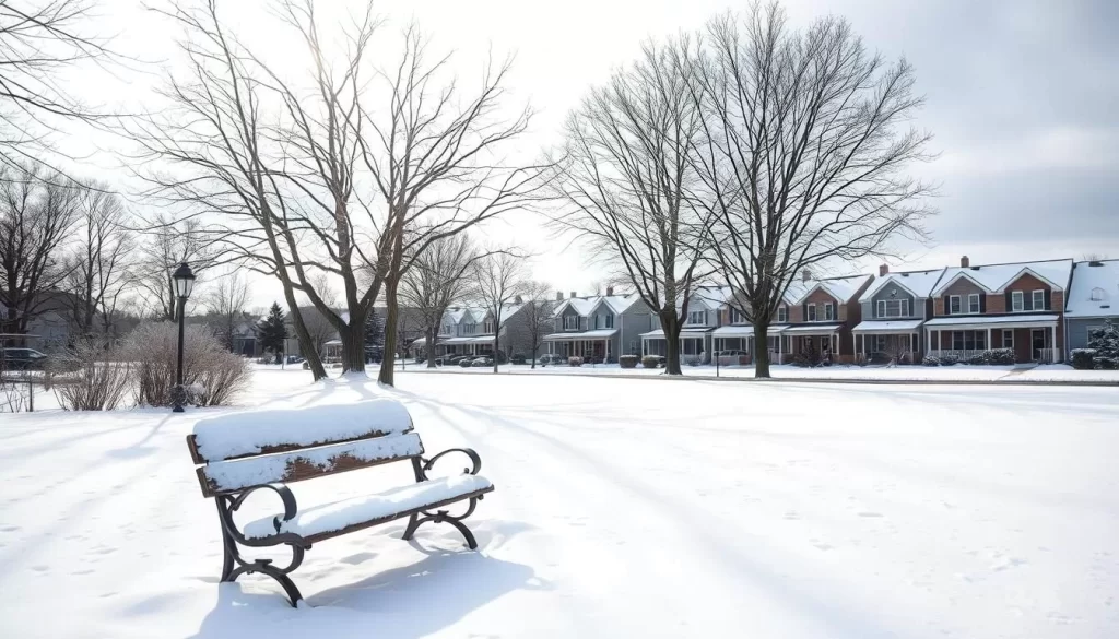 A picturesque winter landscape in New Jersey, USA. The foreground features a snow-covered park bench nestled amidst a pristine blanket of pristine white snow. In the middle ground, barren trees stretch their bare branches against a bright, overcast sky, casting long shadows across the scene. The background showcases a row of quaint suburban homes, their rooftops dusted with a light layer of snow, creating a cozy, peaceful atmosphere. The image is lit by natural, diffused lighting, giving it a soft, serene quality. Shot with a wide-angle lens to capture the expansive winter wonderland. The overall mood is one of quiet, tranquil beauty, perfectly capturing the essence of a chilly, weather-savvy winter day in New Jersey.