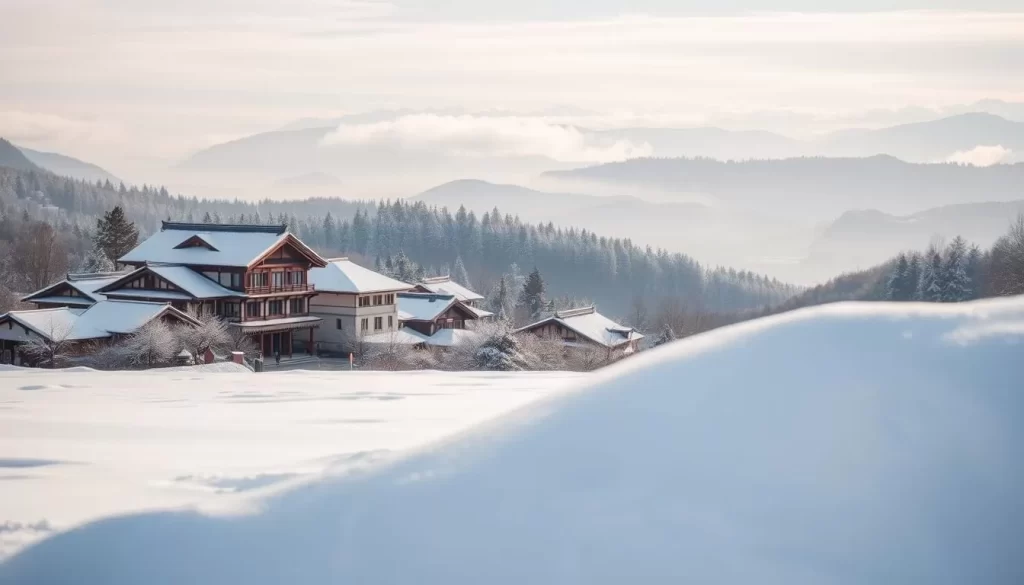 A picturesque winter landscape in Niigata Prefecture, Japan, showcasing the region's unique climate. In the foreground, a blanket of pristine snow covers the ground, lending a serene and tranquil atmosphere. In the middle ground, traditional Japanese buildings stand tall, their roofs adorned with heavy snowfall, creating a charming and cozy scene. The background features rolling hills and lush forests, with the distant peaks of mountains peeking through the mist. The lighting is soft and diffused, casting a warm glow over the entire scene, capturing the essence of Niigata's weather-savvy appeal. The overall impression is one of winter's serenity, complementing the article's focus on the best months to visit this captivating region.