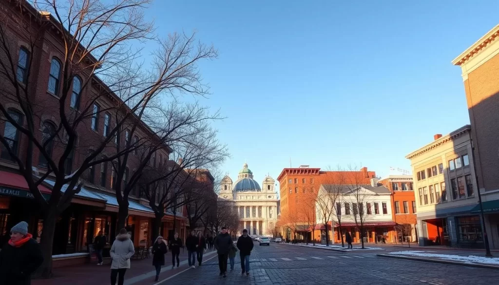 A picturesque winter scene in Nashville's historic downtown. Cobblestone streets lined with bare sycamore trees, their branches reaching towards a clear, azure sky. In the foreground, pedestrians bundled in coats and scarves stroll past charming Victorian-era buildings, their facades illuminated by warm, golden light. In the distance, the iconic Ryman Auditorium and the skyline of downtown Nashville, dusted with a gentle snowfall, create a serene and nostalgic atmosphere. The image is captured through a wide-angle lens, showcasing the architectural details and the lively energy of the city during the winter months.