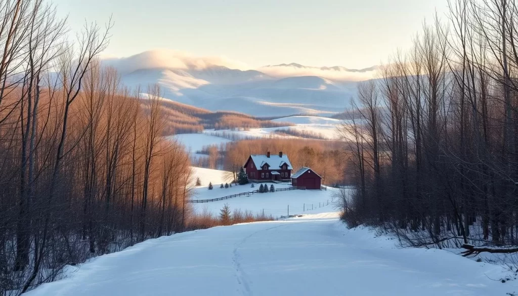 A picturesque winter scene in New Hampshire, USA. In the foreground, a snow-covered path winds through a dense forest of bare, towering trees. The middle ground features a quaint, snow-dusted New England-style farmhouse with a red barn, surrounded by rolling hills blanketed in pristine white. In the background, majestic mountains rise up, their peaks touched by soft, wispy clouds. The lighting is crisp and clear, with a golden glow from the low winter sun casting long shadows across the landscape. The atmosphere is serene and peaceful, perfectly capturing the charm of a New Hampshire winter day.