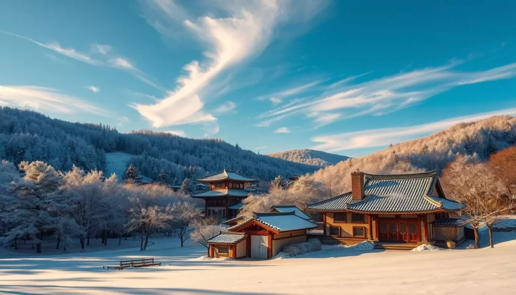 A picturesque winter scene in North Jeolla Province, South Korea. Crisp, snow-dusted pine forests line the rolling hills, their branches laden with glistening icicles. In the foreground, a quaint traditional hanok village nestles amidst the serene landscape, its tiled roofs and ornate gates partially obscured by a gentle snowfall. The sky is a stunning shade of blue, with wispy clouds drifting overhead, casting soft shadows across the pristine, snow-covered ground. The scene is illuminated by warm, golden sunlight, creating a tranquil and inviting atmosphere. Overall, the image conveys the peaceful, picturesque beauty of winter in this stunning region of South Korea.