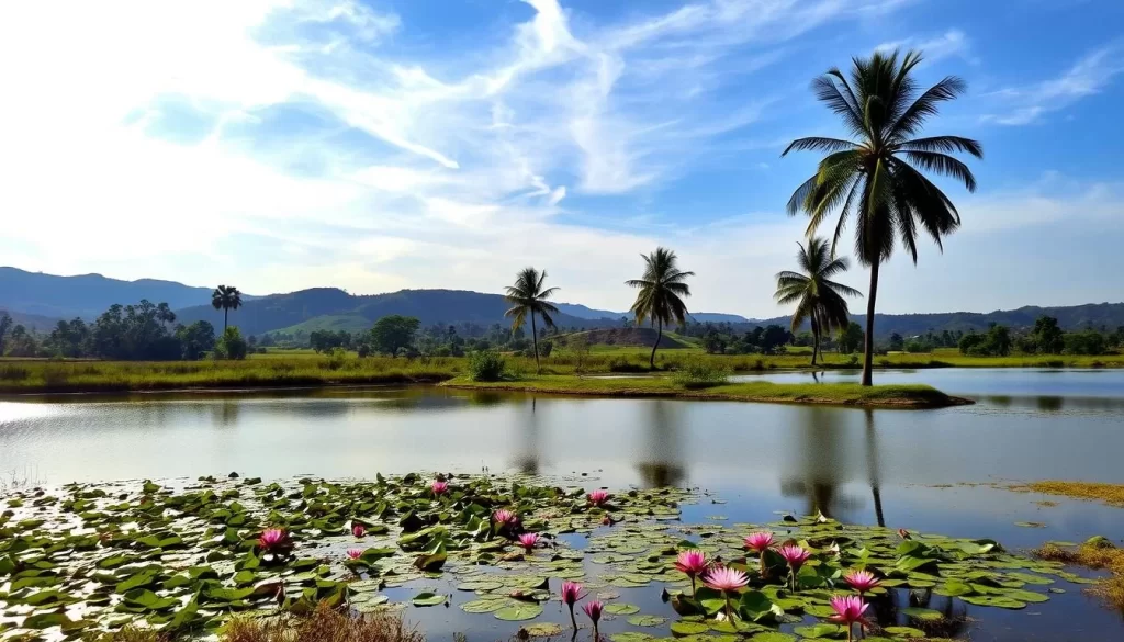 A picturesque winter scene in Telangana, India. Lush greenery and rolling hills create a serene backdrop, as sunlight gently filters through wispy clouds overhead. In the foreground, a peaceful lake reflects the surrounding landscape, its still waters dotted with vibrant water lilies. Tall palm trees sway in a gentle breeze, casting soft shadows on the ground. The air has a crisp, rejuvenating quality, inviting visitors to immerse themselves in the tranquil beauty of the region during the winter months.