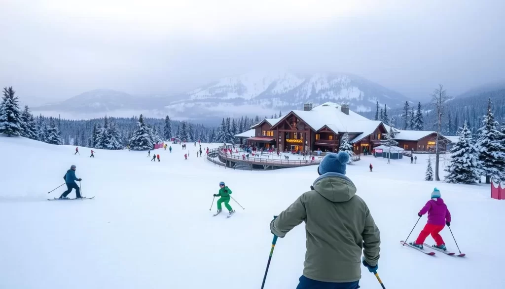 A picturesque winter scene in the heart of South Dakota, where crisp air and glistening snow set the stage for a day of outdoor adventure. In the foreground, a group of skiers carve graceful turns down a pristine slope, their colorful jackets and equipment contrasting against the pristine white backdrop. The middle ground features a cozy lodge, its warm lights beckoning visitors to indulge in a steaming mug of hot cocoa after an exhilarating run. In the distance, towering hills and majestic pines frame the serene landscape, bathed in a soft, diffused light that lends an ethereal quality to the scene. The overall mood is one of tranquility and winter wonderland, capturing the essence of the best months for a weather-savvy trip in South Dakota.