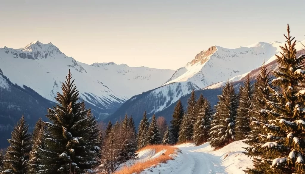 A picturesque winter wonderland in Malbun, Liechtenstein. Majestic snow-capped peaks rise in the background, their slopes blanketed in a pristine layer of fresh powder. In the foreground, a serene mountain trail winds through a landscape of evergreen trees, their branches heavy with snow. The soft, diffused lighting casts a warm, golden glow over the scene, creating a cozy and tranquil atmosphere. The overall composition evokes a sense of peaceful solitude, inviting the viewer to imagine a peaceful stroll through this idyllic alpine setting.