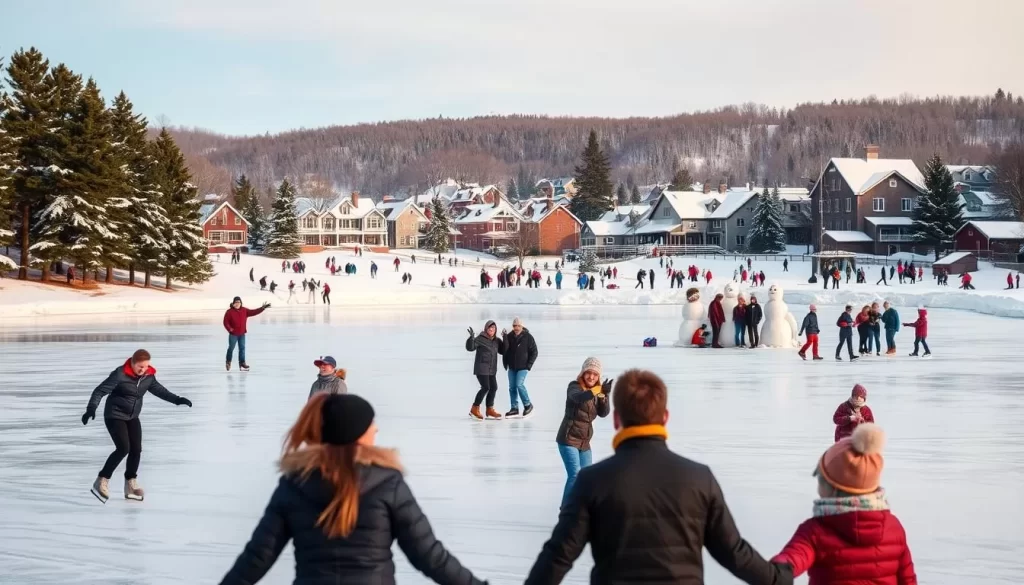 A picturesque winter wonderland in Pennsylvania, USA. In the foreground, a group of friends joyfully ice skating on a serene frozen lake, surrounded by snow-capped pine trees. The middle ground features families building snowmen and having snowball fights, bundled up in warm winter attire. In the background, a quaint village with charming houses and shops is blanketed in a pristine layer of snow, under a crisp, clear sky with soft, warm lighting. The overall scene conveys the enchanting beauty and fun-filled activities that make Pennsylvania a delightful winter travel destination.