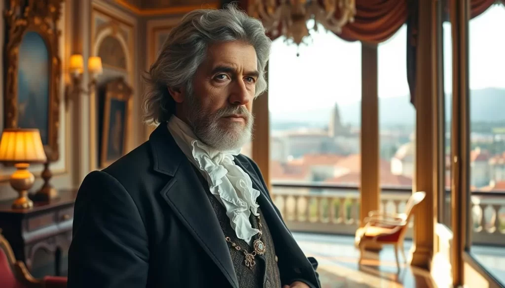 A portrait of Joseph Haydn, the renowned Austrian composer, in an elegant Baroque setting. He stands in a beautifully lit room, bathed in warm, soft light that gently illuminates his thoughtful expression. The middle ground features a richly decorated interior with ornate furnishings, while the background showcases a picturesque view of the city of Eisenstadt, Austria, where Haydn spent much of his career. The overall composition conveys a sense of refined sophistication and artistic inspiration, capturing the essence of Haydn's musical genius and his enduring legacy.