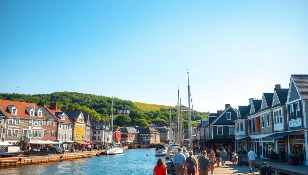 A postcard-perfect scene of Jamestown, Rhode Island on a sun-drenched summer day. In the foreground, a group of people strolling along the picturesque harbor, sailboats gently swaying in the calm waters. Midground, historic colonial buildings with weathered shingles and quaint storefronts lining the streets. In the background, rolling green hills dotted with trees, a cloudless azure sky above. The warm, golden light infuses the scene with a sense of relaxation and timelessness, inviting the viewer to imagine wandering the charming streets and taking in the New England coastal beauty.
